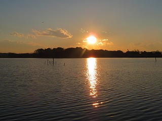 多々良沼、晩冬の夕日の沈む風景