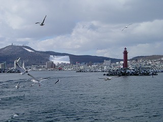 オホーツク海の船上から見た紋別市街地の風景
