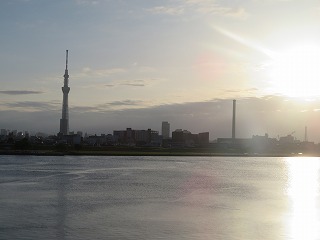 荒川越しに望む東京スカイツリーの風景