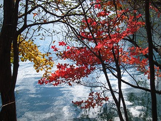 裏磐梯・五色沼に映る空と紅葉の風景